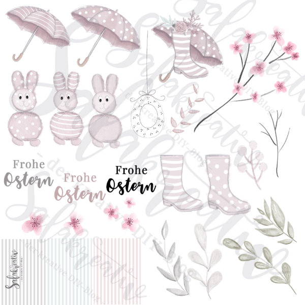 Watercolor Clipart Set - Oster-Sticker + A4 Digital Papier
